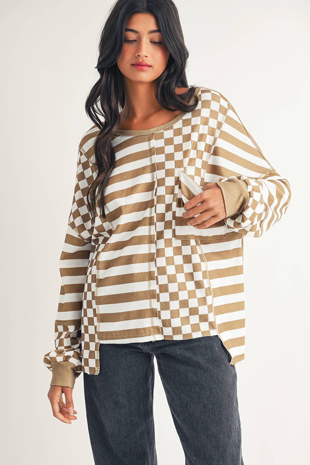LDC Checkerboard Striped Patchwork Lantern Sleeve Blouse