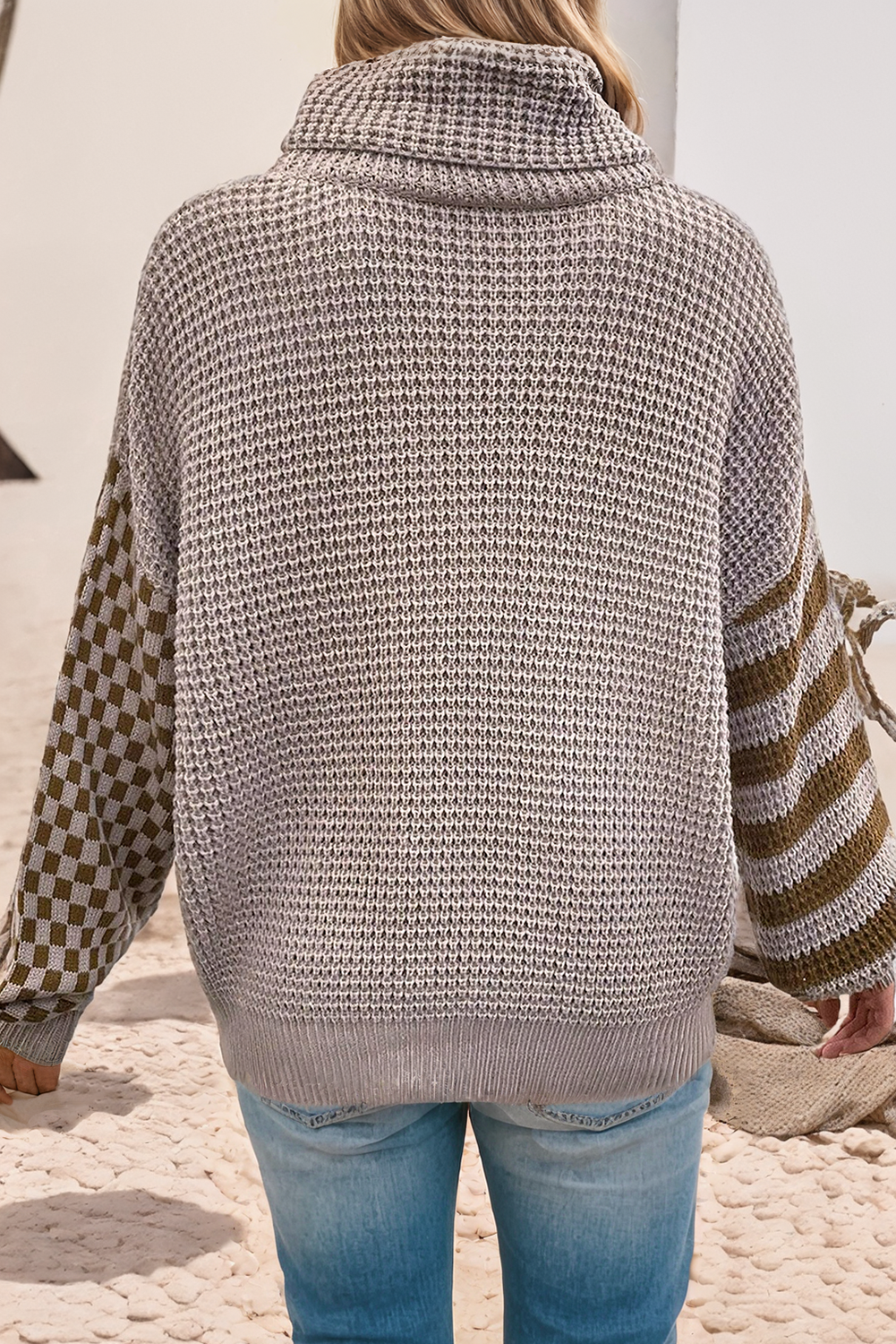 LDC Striped Plaid Patchwork Waffle Knit Turtleneck Sweater