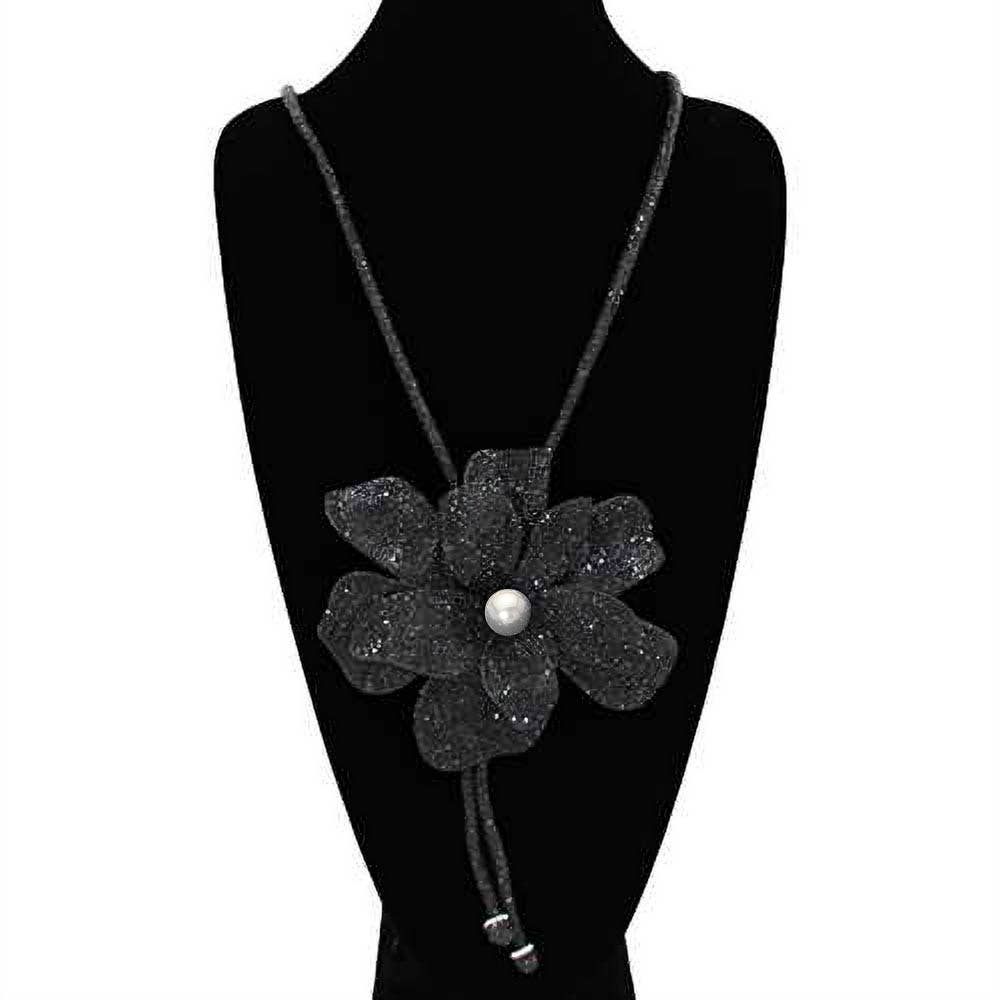 Pearl Centered Bling Studded Flower Pointed Bolo Tie Necklace