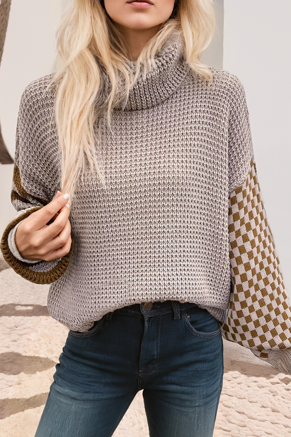 LDC Striped Plaid Patchwork Waffle Knit Turtleneck Sweater