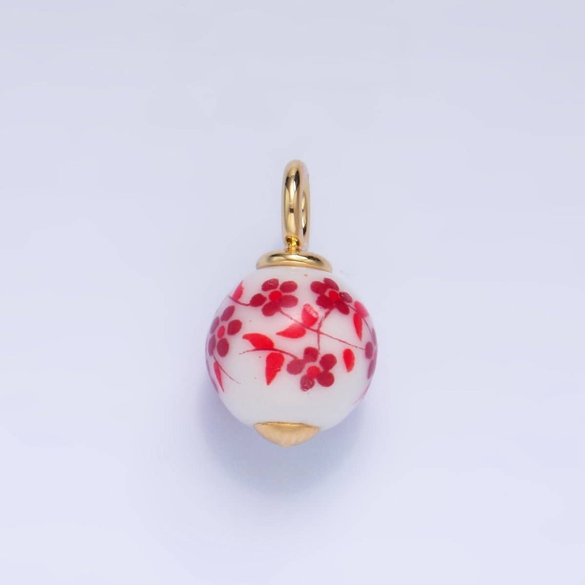 24K Gold Filled Blue, Red Flowers Ceramic Drop Charm | W123
