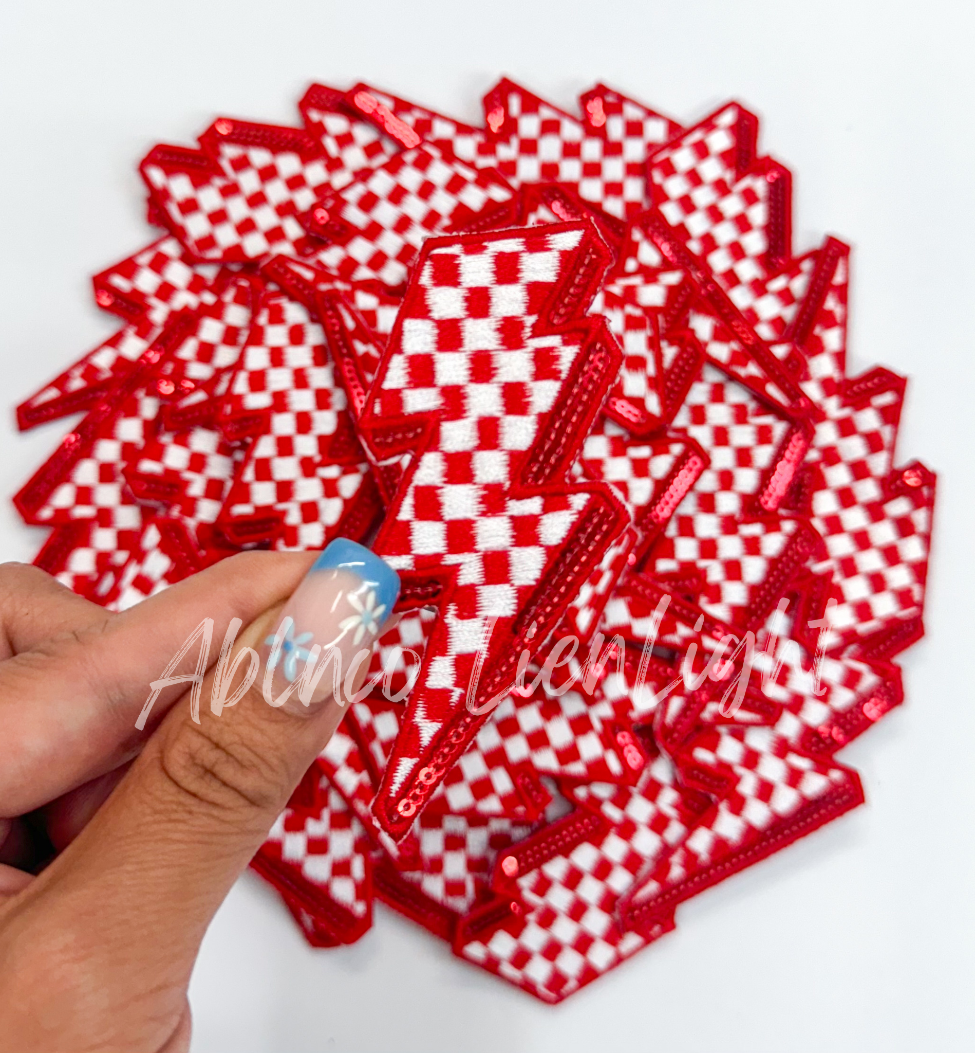Red sequins checkered lightning bolt filler patch iron on