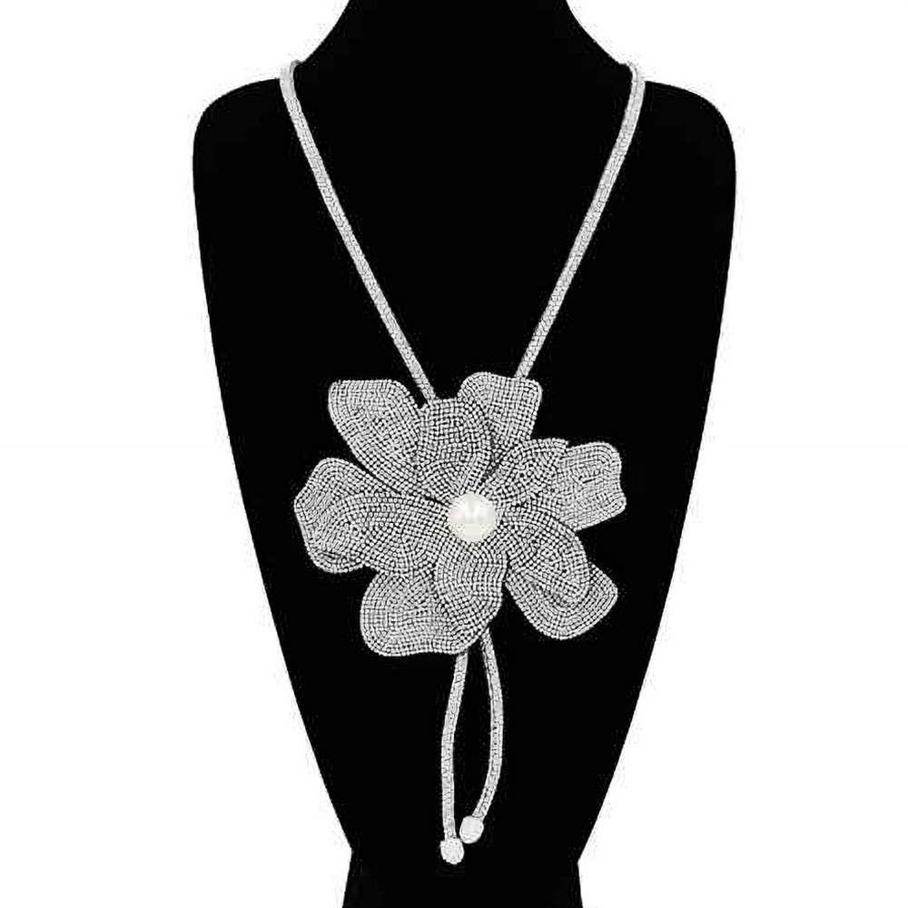 Pearl Centered Bling Studded Flower Pointed Bolo Tie Necklace